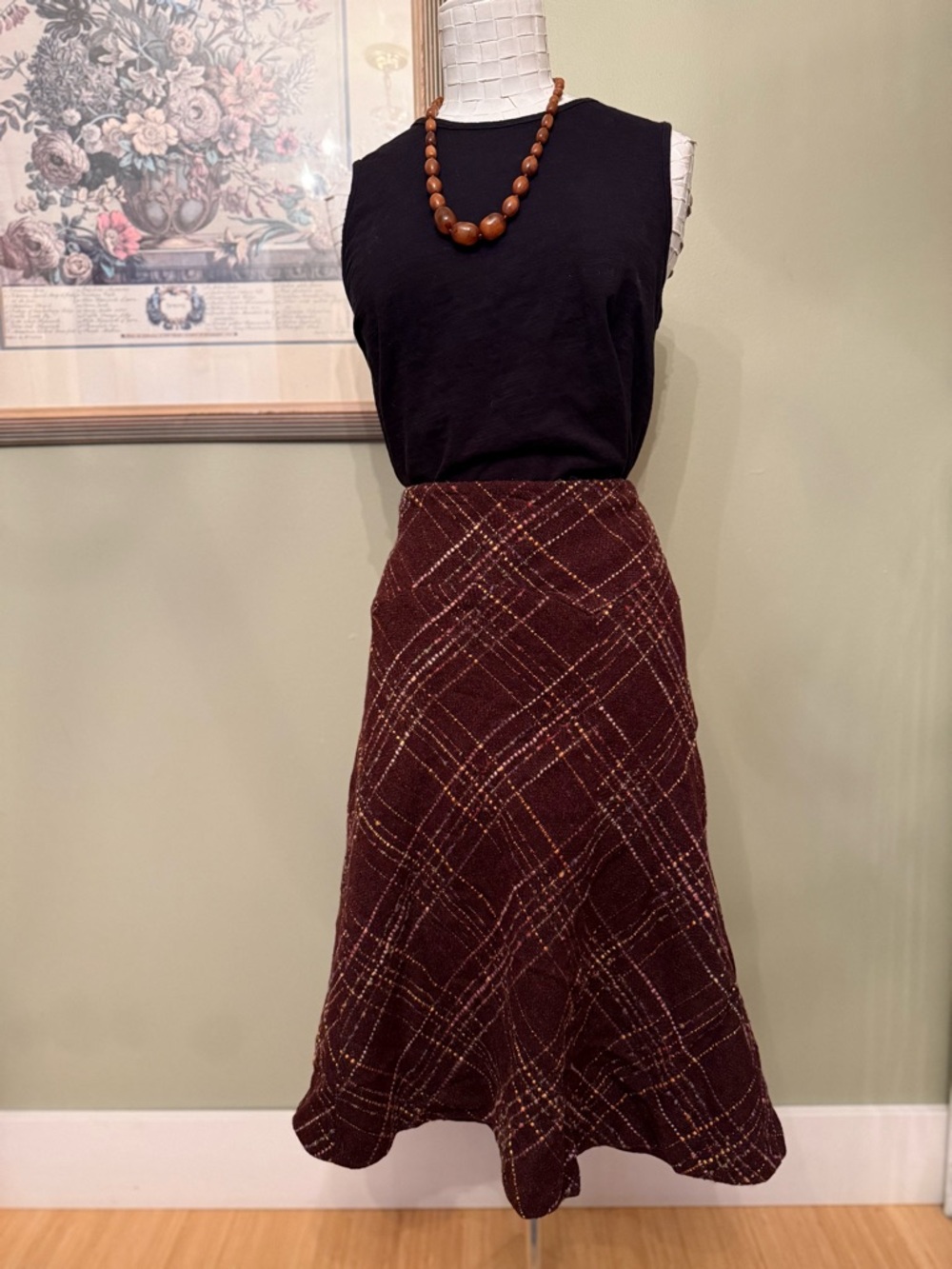 Laura Ashley Wool Blend Plaid A-Line Midi Skirt - US 6 / UK 10